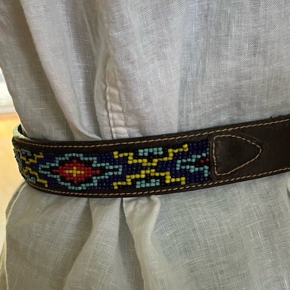 J Crew Native American Beaded Leather Belt Brass Buckle Blue Red Yellow Beads - Picture 2 of 12